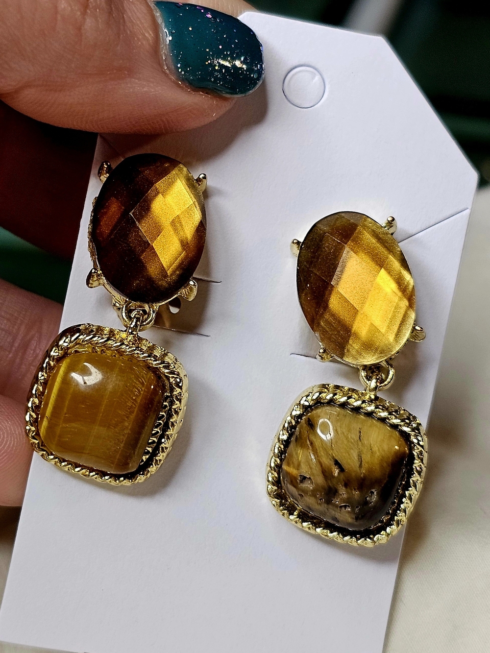 Vintage Monet Two-Tier Tigers Eye & Gemstone Clip-on Earrings